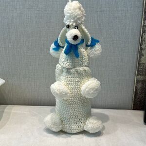Vtg White Poodle Crocheted Bottle Cover Wine Sleeve Carrier
